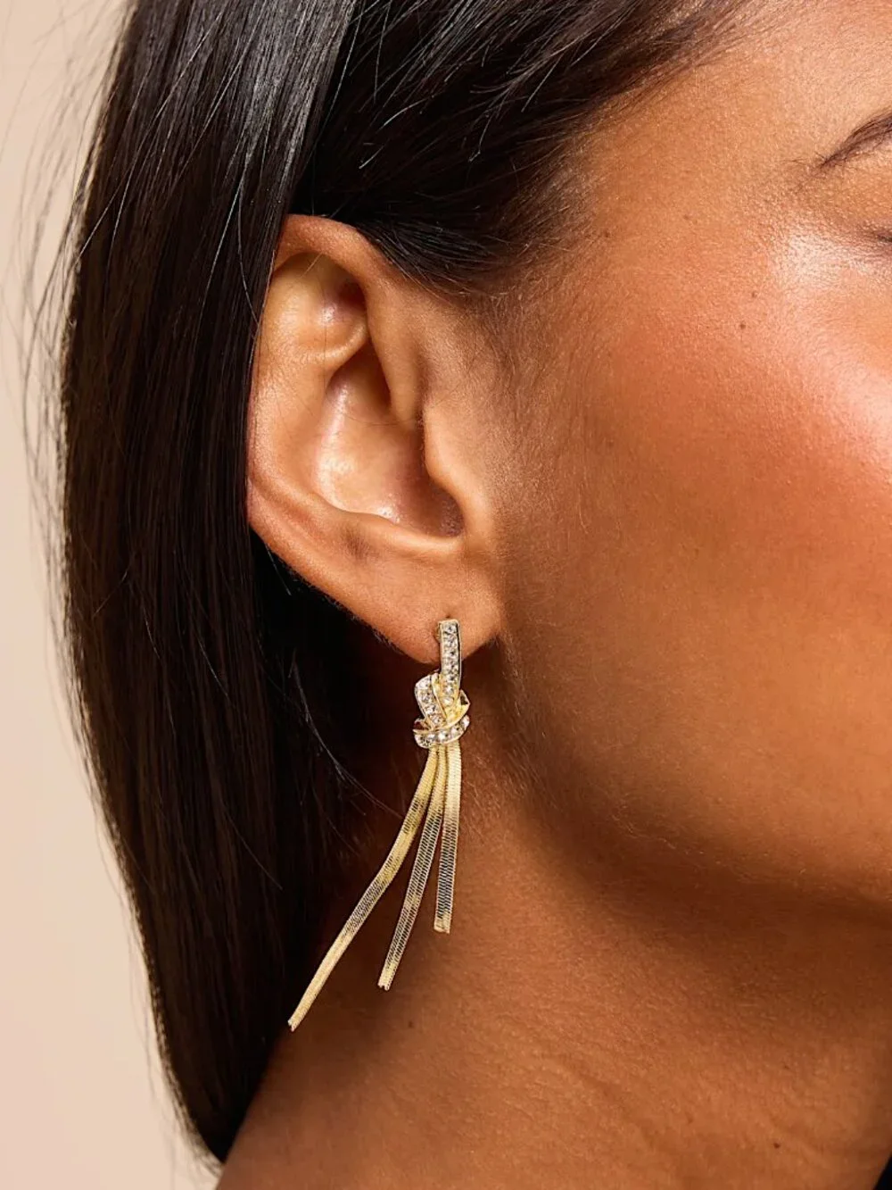 NEW~ Anthropologie Crystal Encrusted Knot Long Fringe Gold Earrings_2